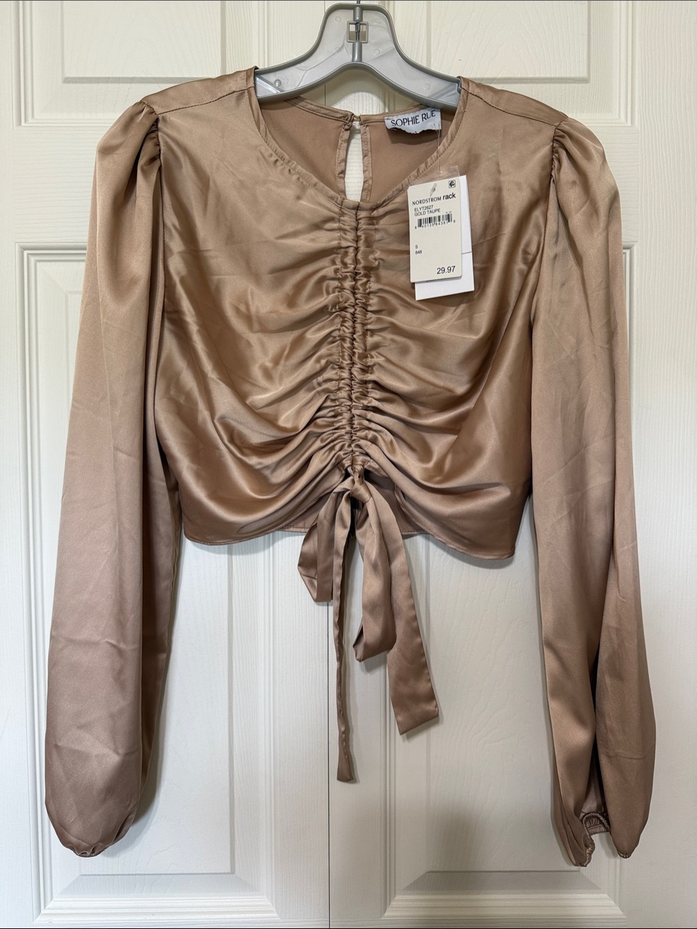 Sophie Rue Satin Ruched Drawstring Long-Sleeve Crop Top in Taupe